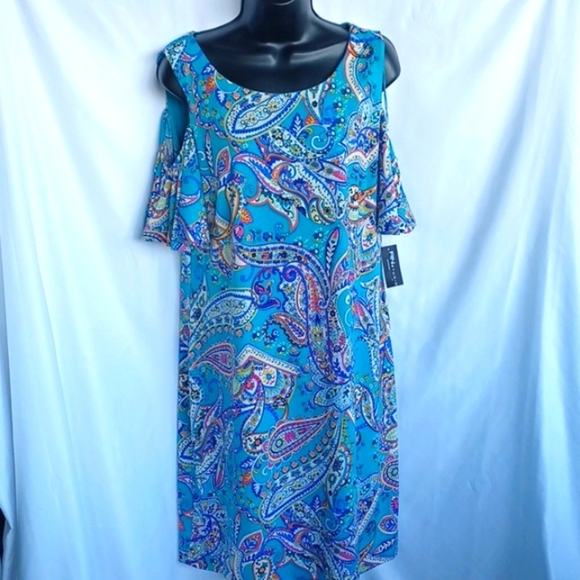 RN Studio Cold Shoulder Paisley Dress Turq Multi 12, stretchy,  flowy - Picture 1 of 9